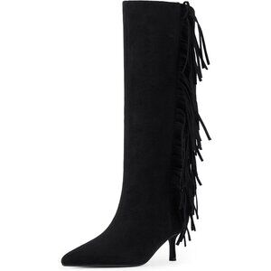 Women Suede Black Knee High Boots Kitten Heels Tall Pointed Toe Long Boots